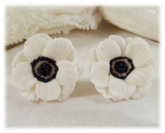 White Anemone Flower Earrings Stud or Clip On Anemone