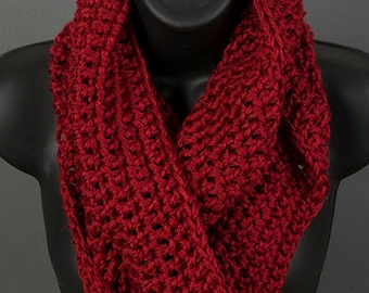 Women's infinity scarf, autumn red, ready to ship, crocheted scarf