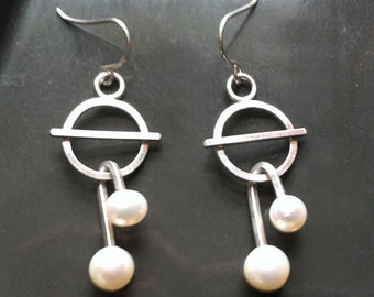 Space Age Atomic dangle round Futuristic Sterling Silver Pearl Earrings