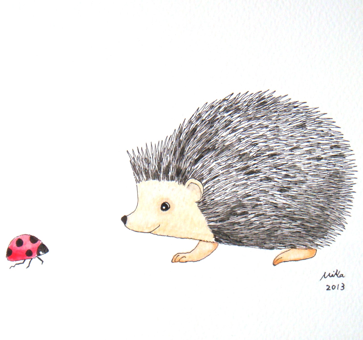 Hedgehog Ladybug Original Illustration Woodland Ink Drawing