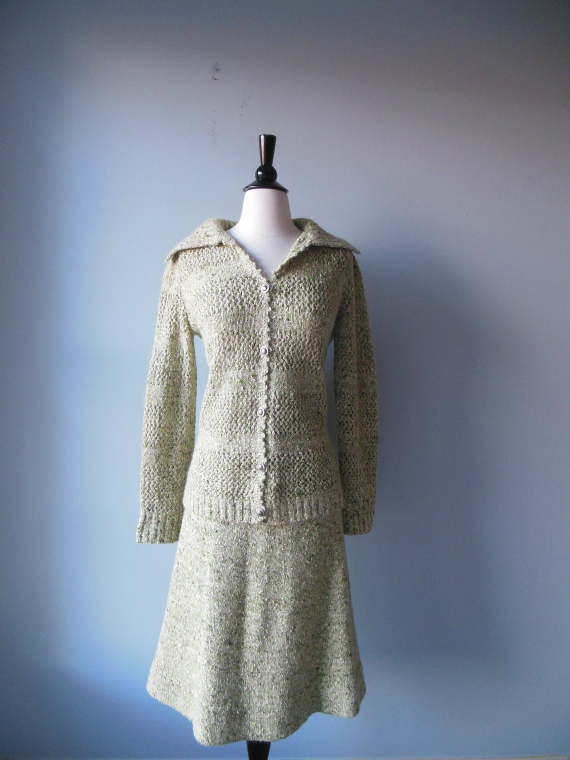vintage 1960s green hand knit wool sweater dress / suit Haute Juice