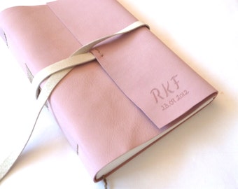 Personalised Leather Journal, Light Pink and White