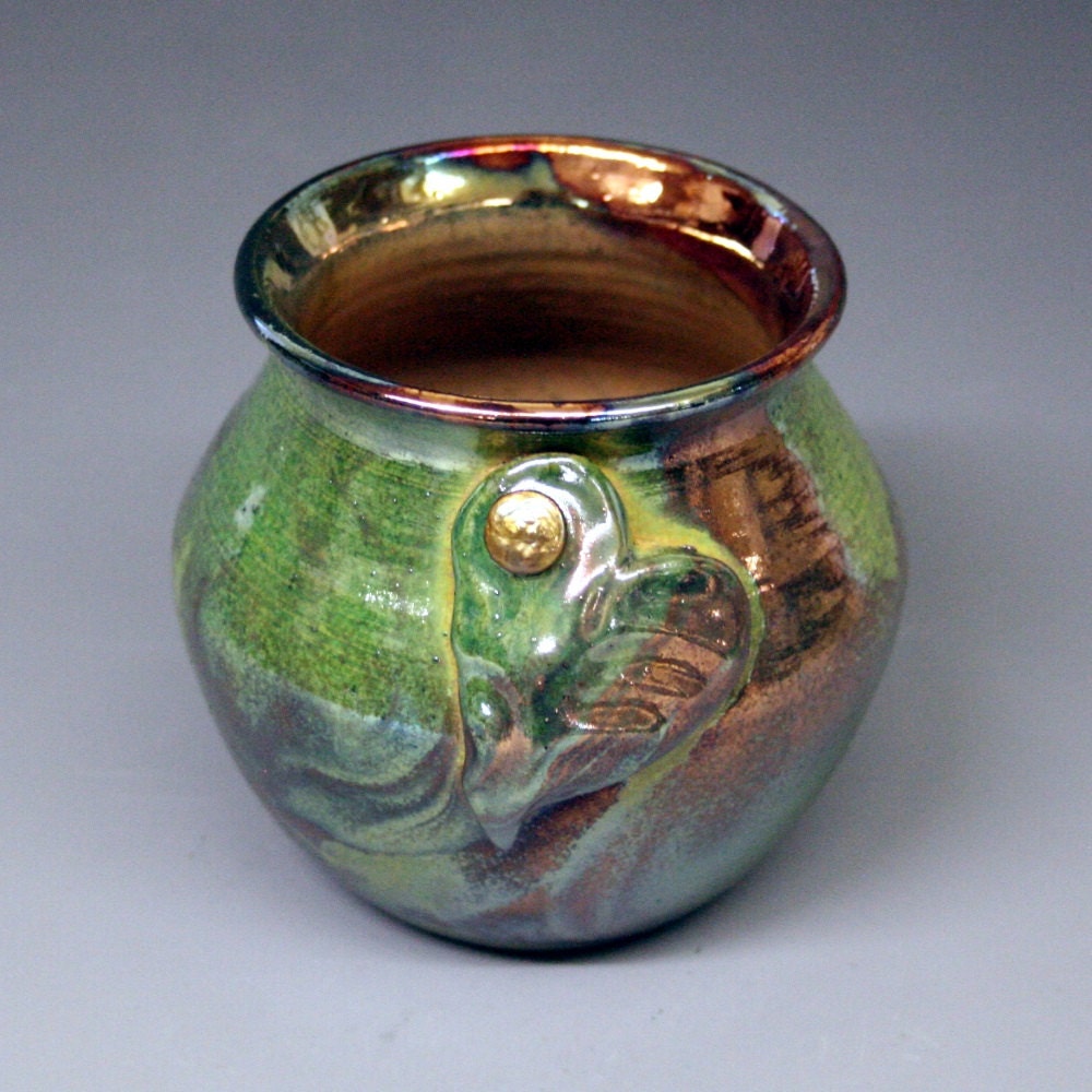 Raku Pot raku pottery in Copper Emerald Metallic and