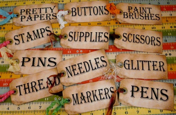 12 Sewing Room Studio Supplies Tags - label Uprint thread Digital Sheet storage supply button paper vintage organize