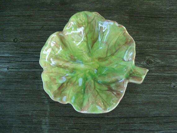 vintage ceramic leaf dish lime green and light brown