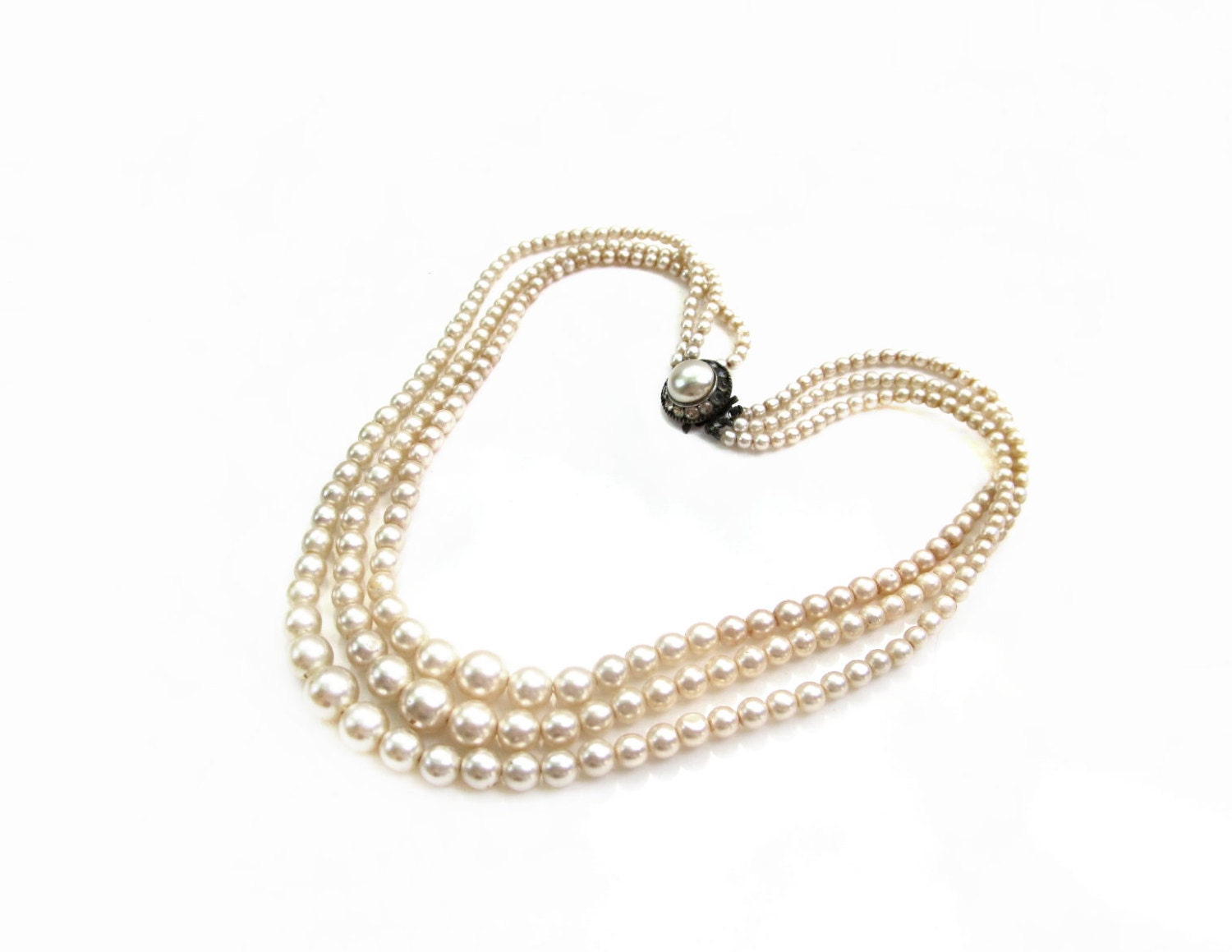 Vintage Ivory Glass Pearl Bead Necklace Rhinestone Clasp