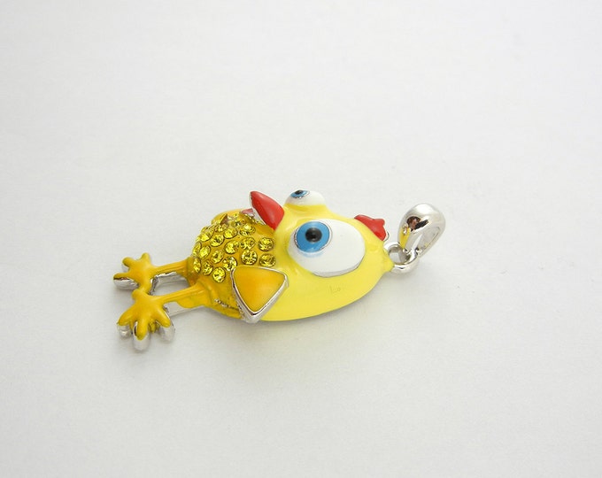 Whimsical Yellow Rhinestone and Epoxy Crazy Bird Pendant