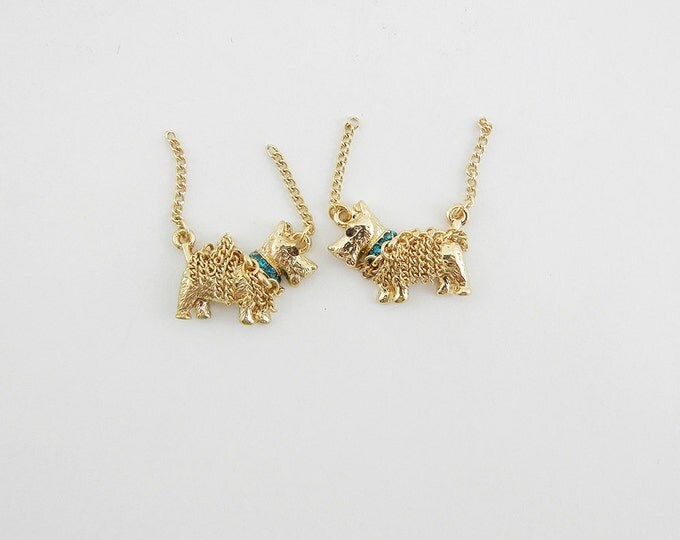 Pair of Scottie Dog Charms with Chain and Blue Rhinestone Collar Double Link