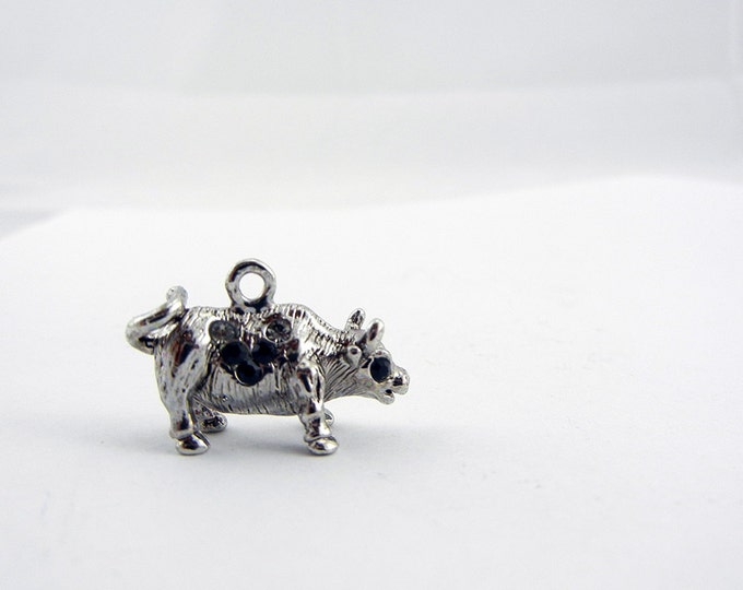 Small Silver-tone Black Rhinestone Accented Bull Charm