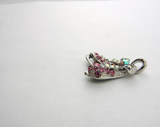 Pink and Aurora Borealis Rhinestone Ice Skates Pendant Silver-tone