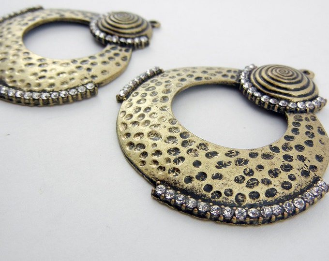 Pair of Large Antique Gold-tone Textured Round Drop Charms Rhinestones