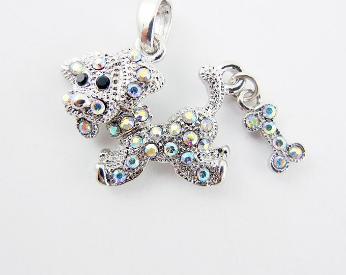 Silver-tone Rhinestone Encrusted Dog Pendant with Bone