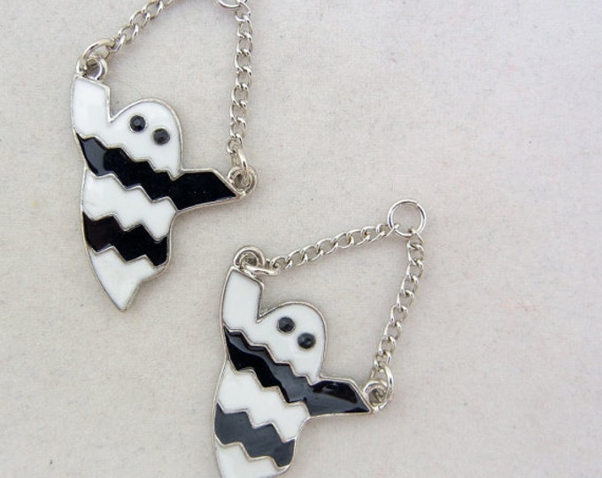 Pair of Silver-tone Black and White Epoxy Ghost Charms on Chain