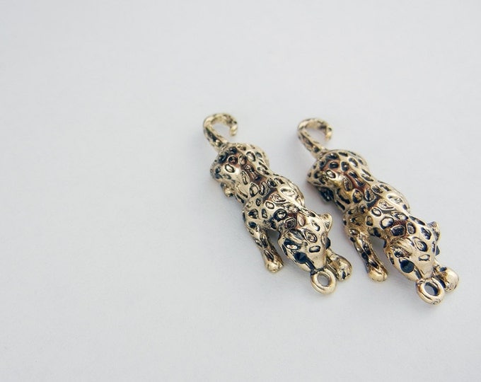 Pair of Antique Gold-tone Jaguar with Black Rhinestone Eyes Charms