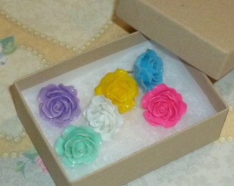 Decorative Resin Rose Flower Cabochon Push Pin Thumb Tacks - Set of 6 - Large Multi Color Flower Push Pin Thumb Tacks - Rose Push Pins
