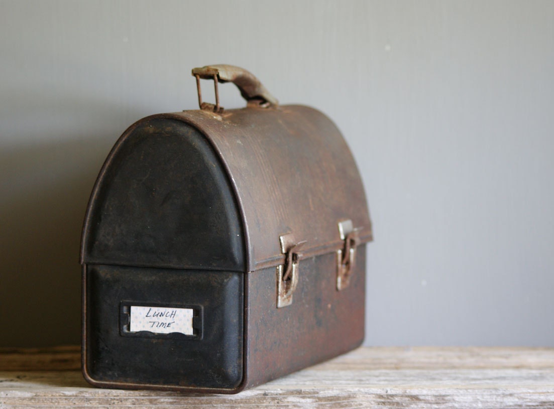 Vintage Metal Lunch Box with Dome Lid Storage Container