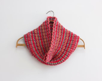 Hand Knit Cowl, Circle Scarf, Ribbed Infinity Scarf, Striped Eternity Scarf, Vegan, Red, Blue, Multi Color, Ready to Ship