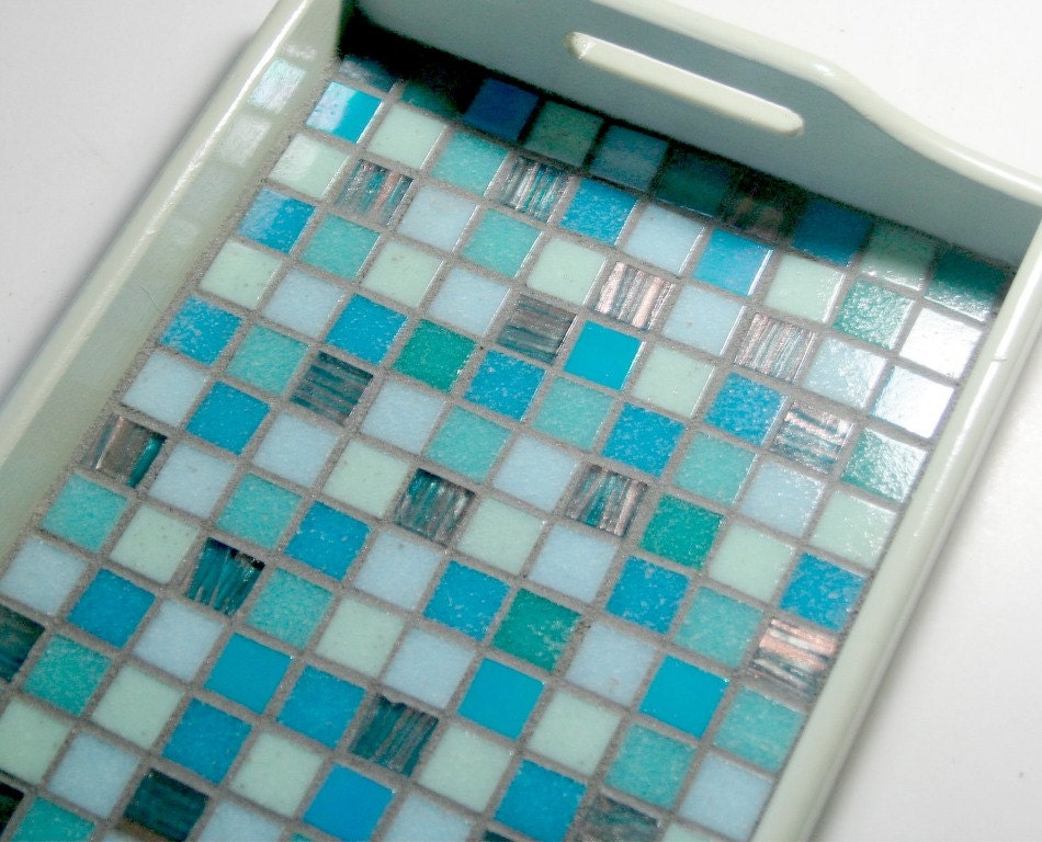 Lt Green Mosaic Serving Tray Wood Tray Green Blue Mosaic