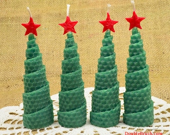 Christmas Tree Shaped Candles Holiday Home Decor Set of 4 Candles Homespun Christmas Handmade Hand Rolled Beeswax Candles Holiday Candles