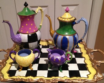 Painted Tea Set // painted Silver Tea Set // Whimsical Painted Tea Set