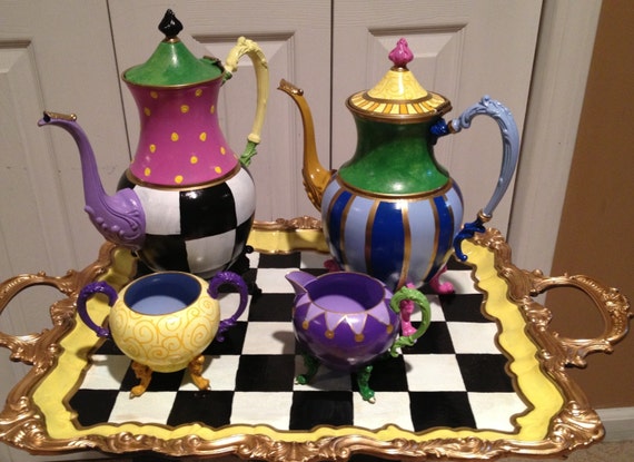 Painted Tea Set // painted Silver Tea Set // Whimsical Painted