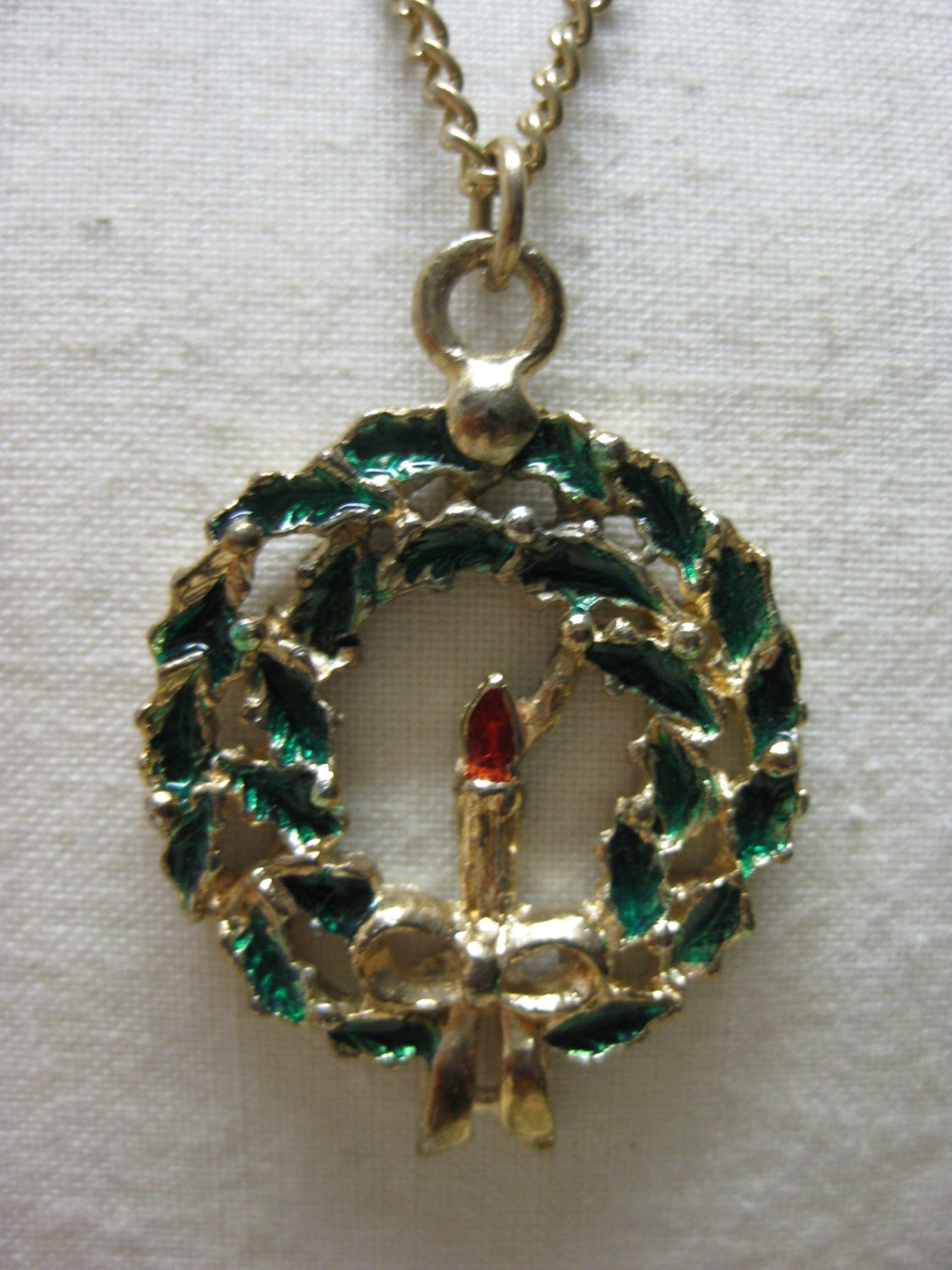 Christmas Candle Wreath Necklace Gold Red Green Pendant