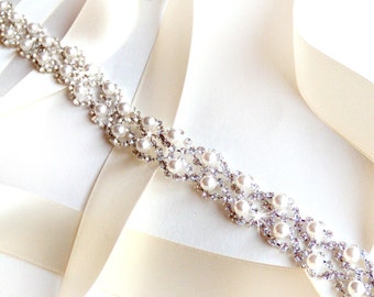Crystal Pearl Weave Bridal Belt Sash in Silver - Custom Satin Ribbon - Rhinestone Pearl Wedding Dress Belt - Extra Long Thin Belt