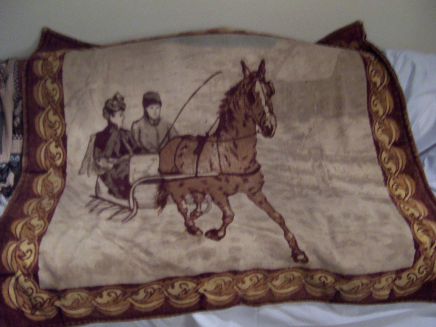 Antique Sleigh Carriage Blanket Wool Carriage Scene