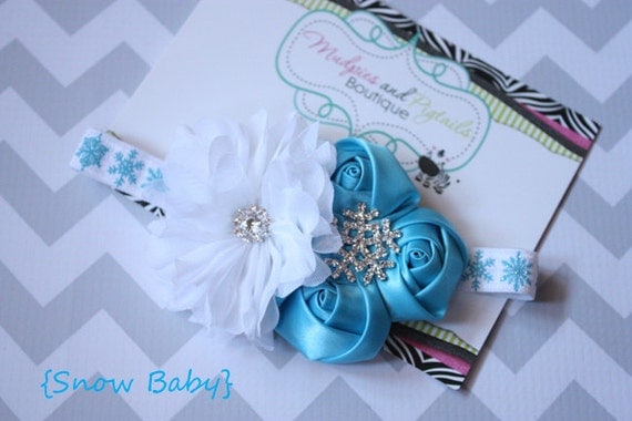 Winter Christmas baby headband, Snow Baby, winter silver, aqua blue, white shabby Flower Headband, first christmas photography prop