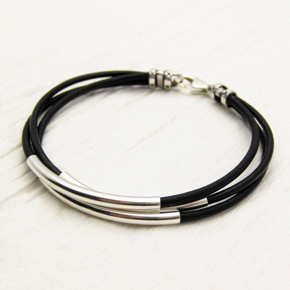 Unisex Black Leather Sterling Silver Bracelet / Eco Friendly
