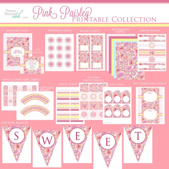 PINK PAISLEY Printable Party Decor Package and Invitation Il_570xn