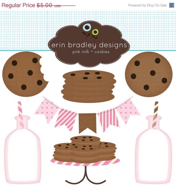 50% OFF SALE Pink Milk and Cookies Clip Art Commercial Use Clipart Graphics Il_570xn