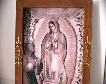 VINTAGE GUADALUPE 3-D Antiqued Shadowbox - a peek into Mexican history