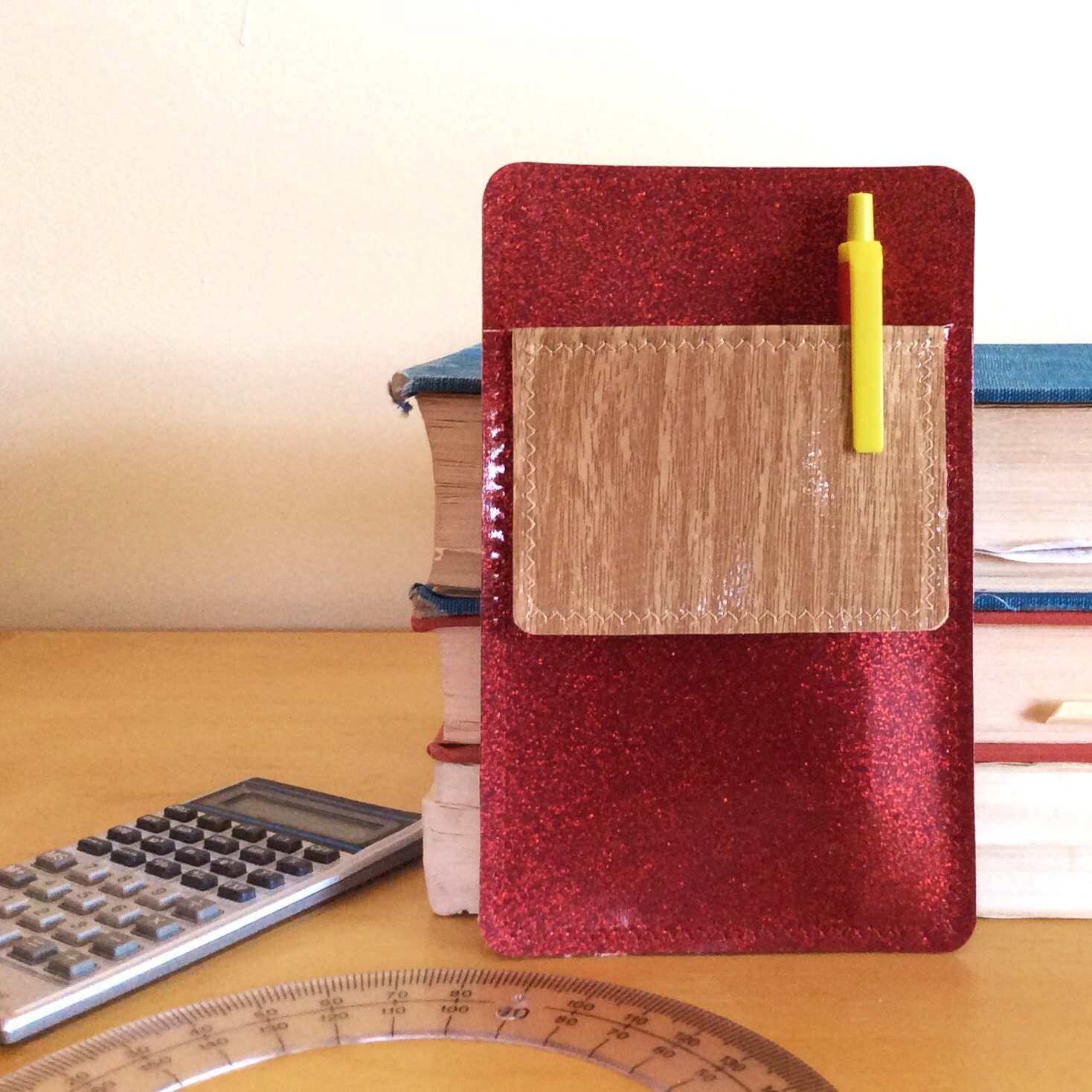 Nerd Power Vinyl Pocket Protector in burgundy red sparkle