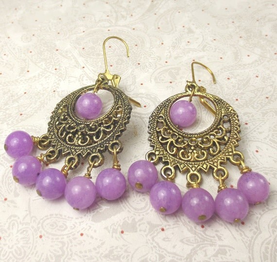 Purple Jade Chanderlier earrings with gold metals purple
