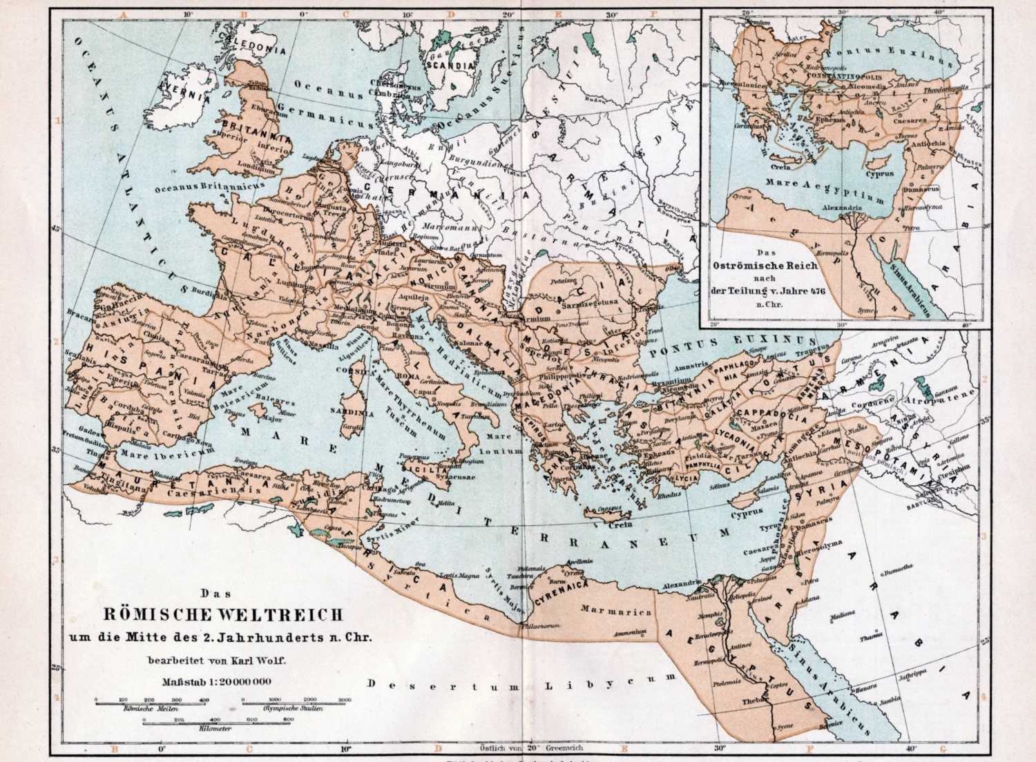 1895 Antique Map of the Roman Empire in the 2nd by bananastrudel