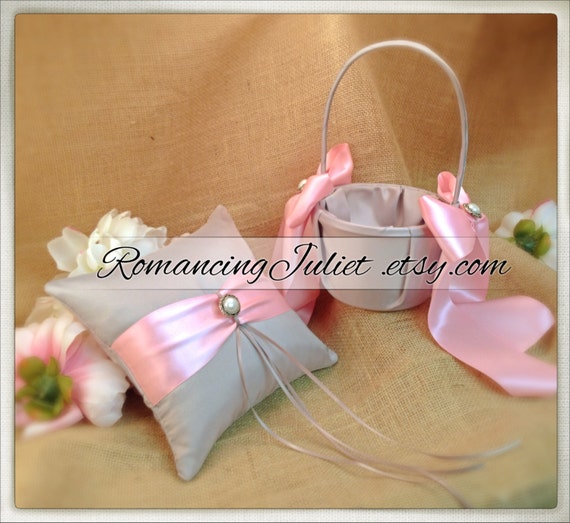 Bridal Satin and Sash Ring Bearer Pillow and Basket set with Delicate Pearl Accents...Your Color Choice..shown in silver gray/pale pink