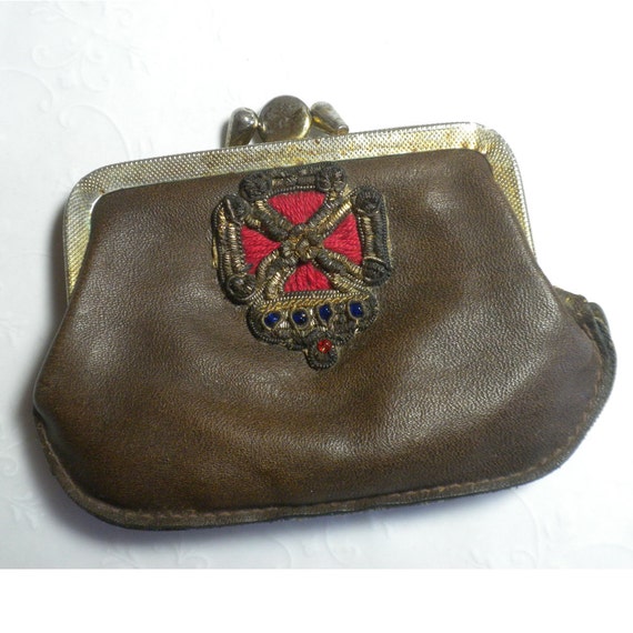 Antique Leather Coin Purse Embroidered by VintagePossessions