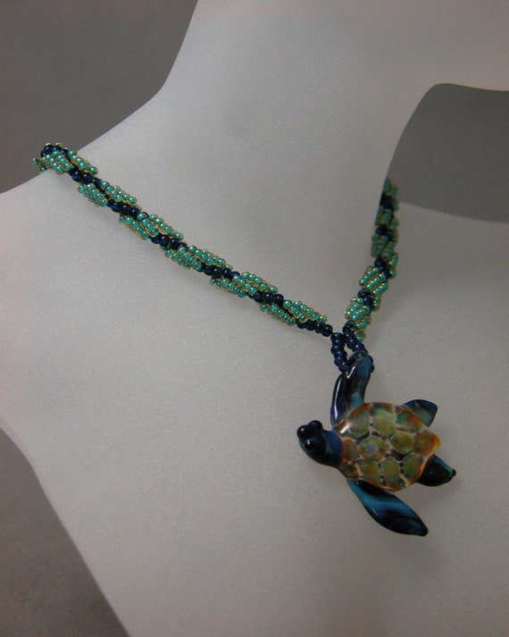 Blue Green & Gold Glass Sea Turtle Pendant by MaryHartigOriginals