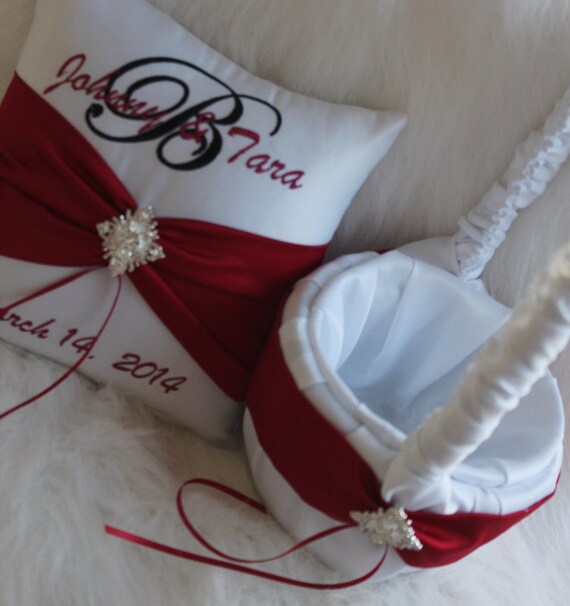 Let It Snow Personalize Wedding Pillow with Flower Girl Basket - White and Apple Red Shown Other Colors Available