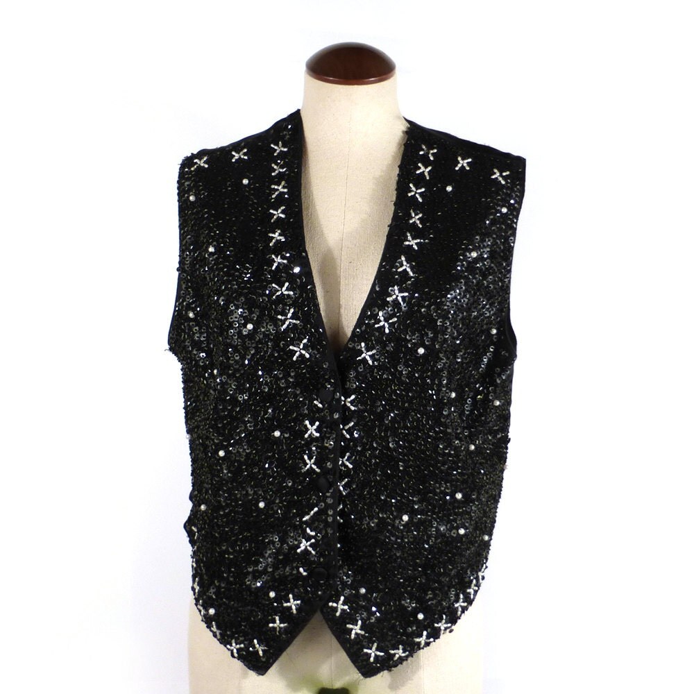 Black Sequin Vest Vintage 1980s