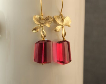 Hot Pink/Fuschia Emerald Cut Quartz Stones With Gold Plated Orchid Blossoms and Bali Vermeil Earwires