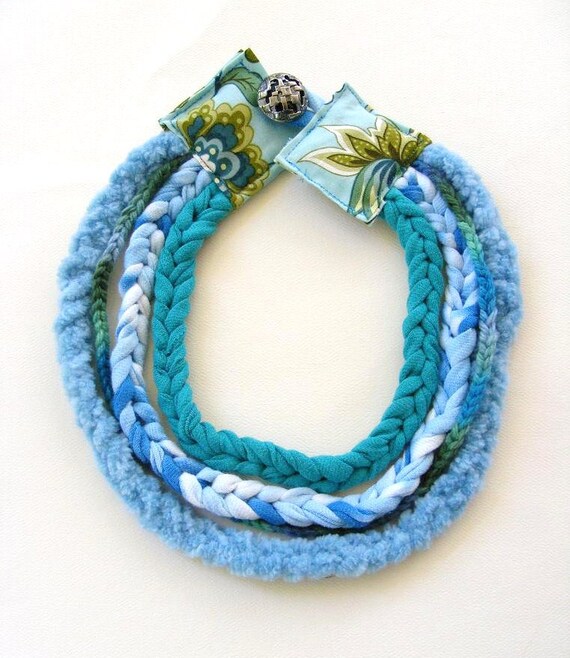 Crocheted  Necklace Layered Blue TShirt Yarn Aqua by meiguidesigns
