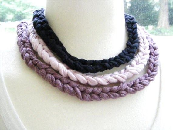 Upcycled TShirt Crochet Necklace Black Pink Plum by meiguidesigns