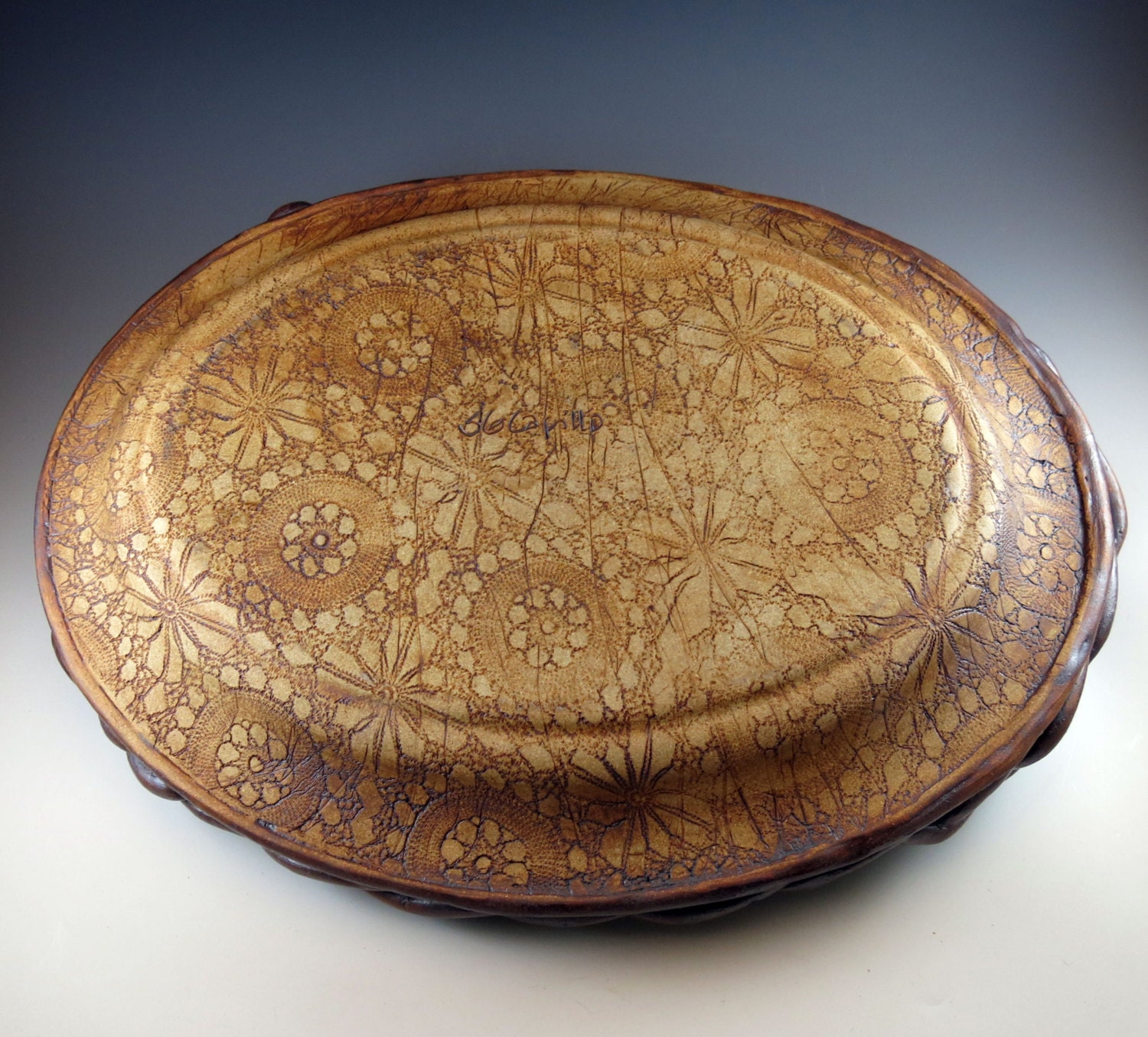 Ceramic Serving Platter Pottery Tray with Handles Fossil