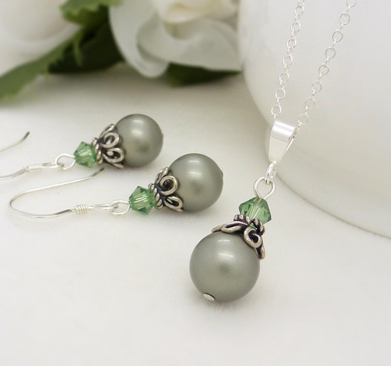 Green bridesmaid jewelry set Sage Green pearl bridesmaid