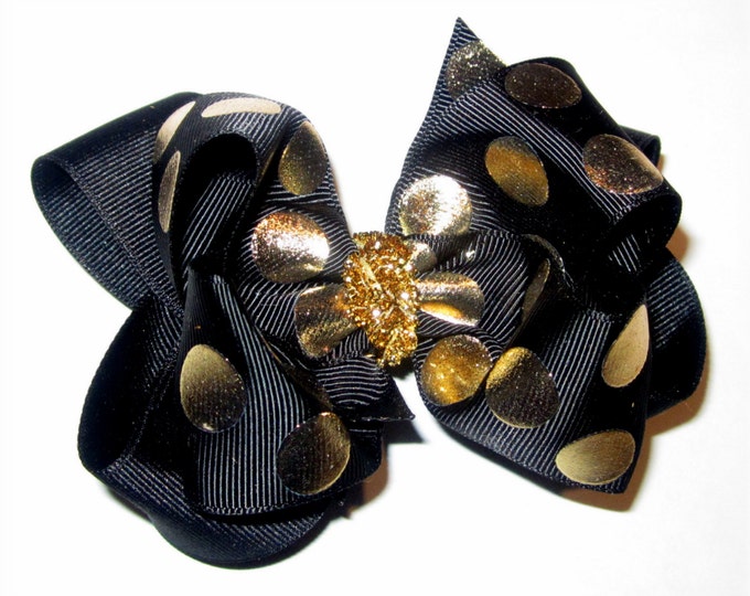Gold Hair Bow, Gold glitter hairbow, Black Double Layered Hair Bow, Sparkle Bows, Gold Foiled Bow, Boutique Bows, Big Hairbows, large bows