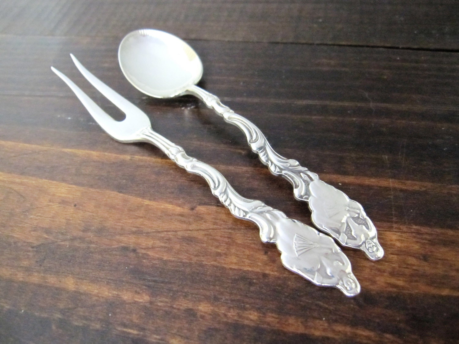 Vintage Cocktail Fork and Spoon Set Figural Lady Dancing