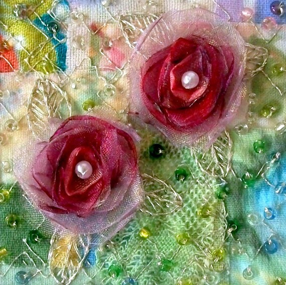 Embroidered Card Organza Flowers On Beaded Fabric