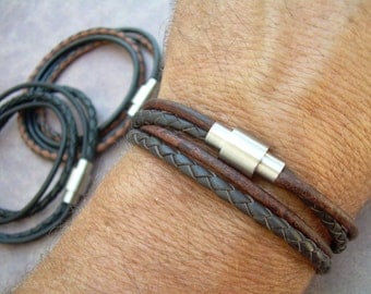 Men's Leather Bracelet,Stainless Steel Magnetic Clasp,Double Wrap, Men's Bracelet, Men's Jewelry, Leather Bracelet, Fathers Day, Men's Gift